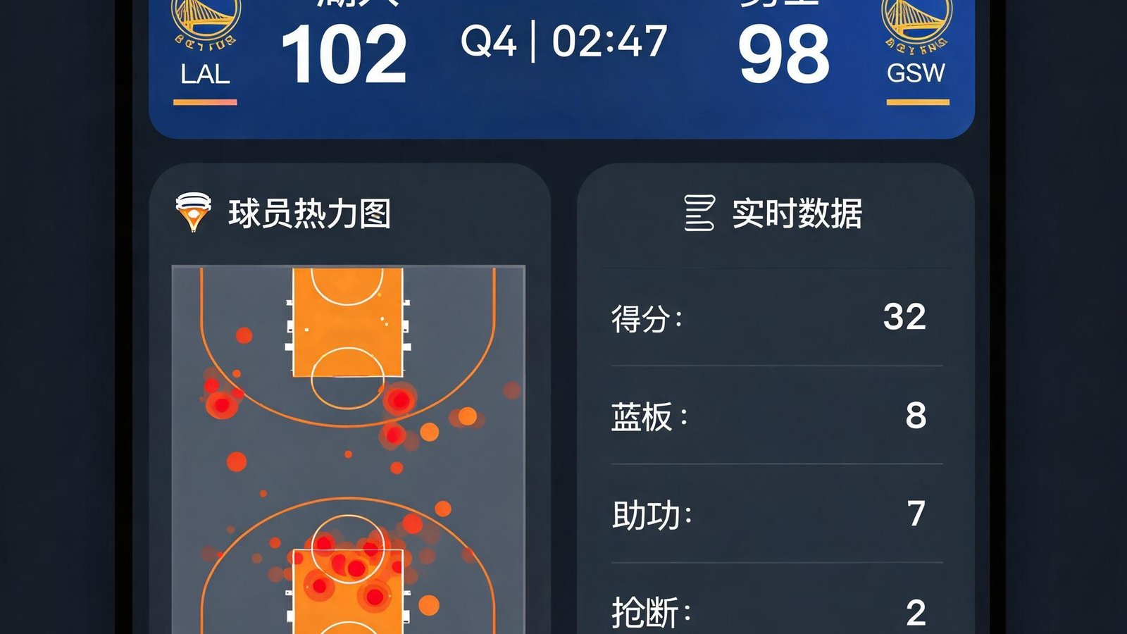 斗球App内篮球比赛数据统计页面，包含球员热力图和实时得分
